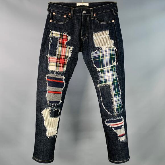 JUNYA WATANABE  S Indigo Multi Color Patchwork Cotton Straight Distressed Jeans - Picture 1 of 8